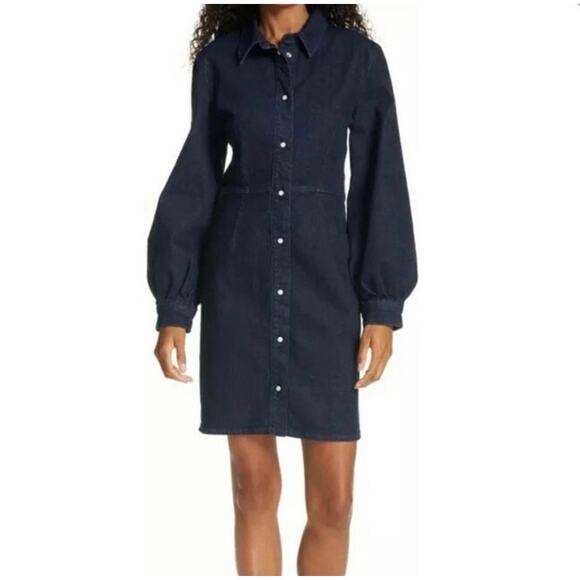 Samsoe Samsoe Dress Indigo Blue Jean Denim Snap Front Puff Sleeve Sz XS - Picture 1 of 10